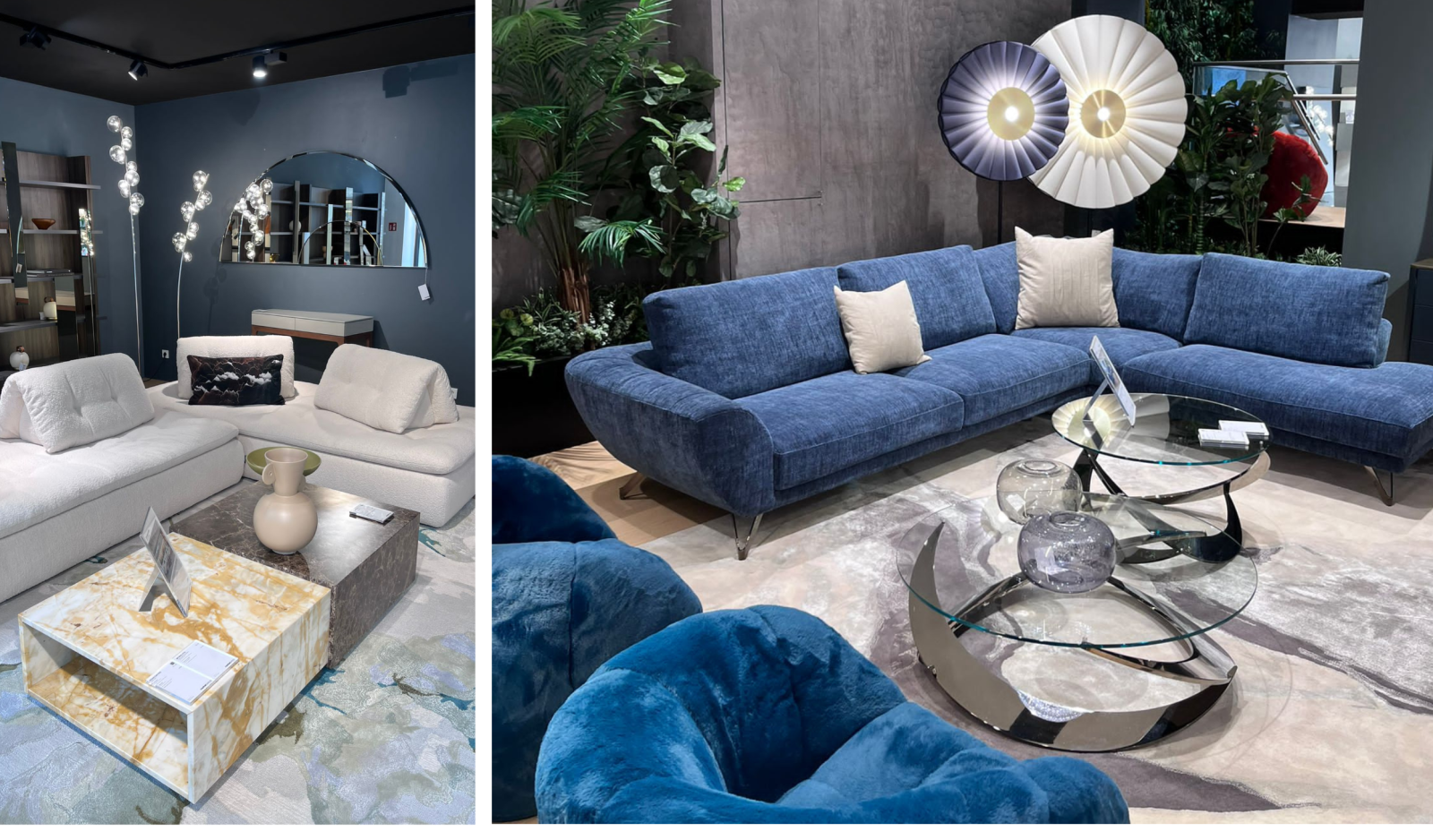 Links: Die Couch CONVERSATION (Design: Philippe Bouix). Rechts: das Sofa CARACTÈRE (Design: Sacha Lakic).