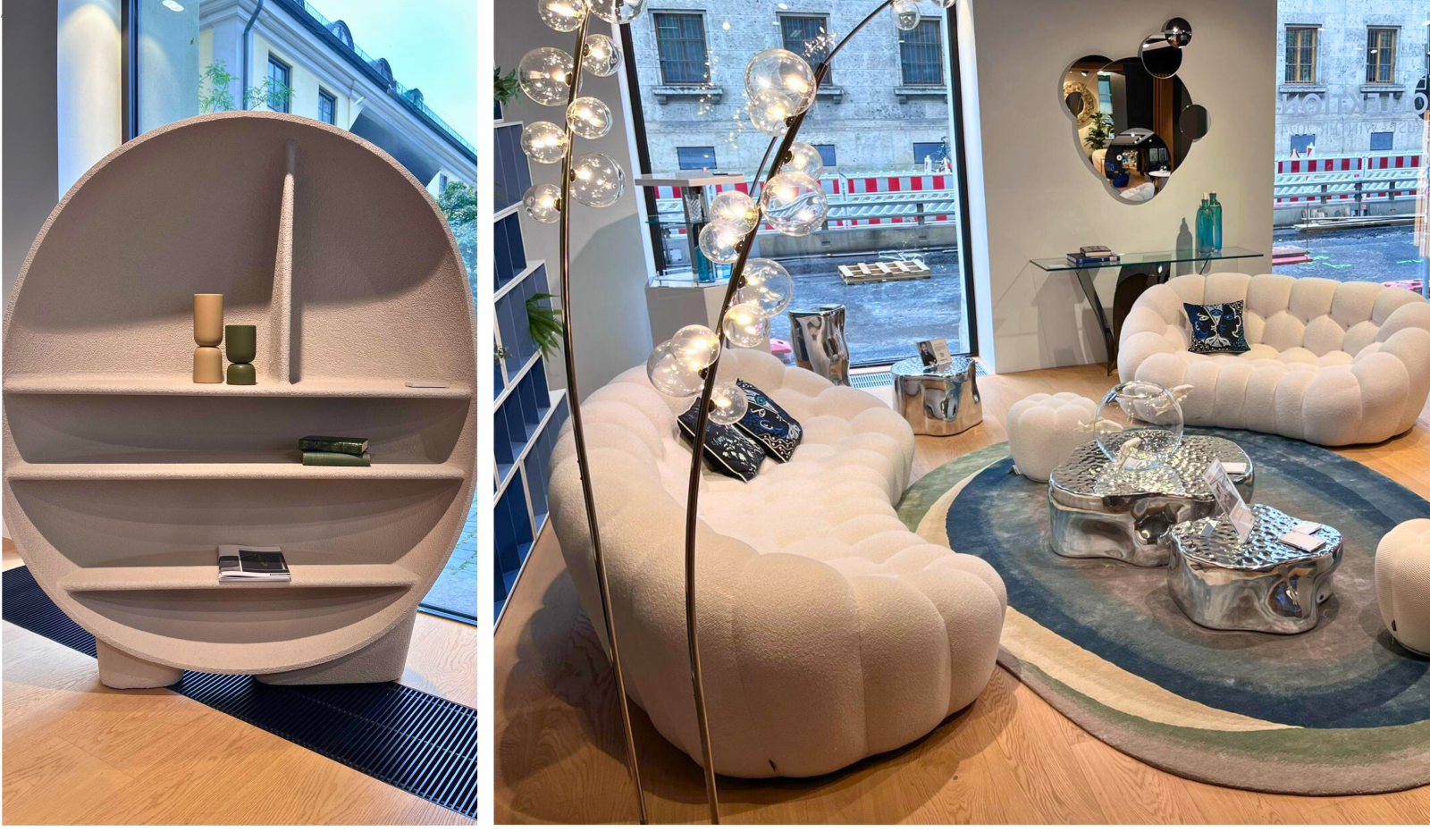 Links: Skulptur oder Bücherregal? PRIMORDIAL, designt von Raphael Navot. Rechts: Das ikonische Sofa BUBBLE von Sacha Lakic, in kunstvoller Bubble-Wohn-Umgebung mit Lampen und Spiegel, die das Thema aufgreifen.